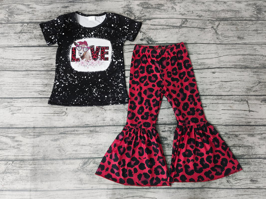 Baby Girls Love Cow red leopard Bell Pants clothes sets