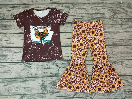 Baby Girls Chicken Sunflowers Bell Bottom Pants Clothes Sets