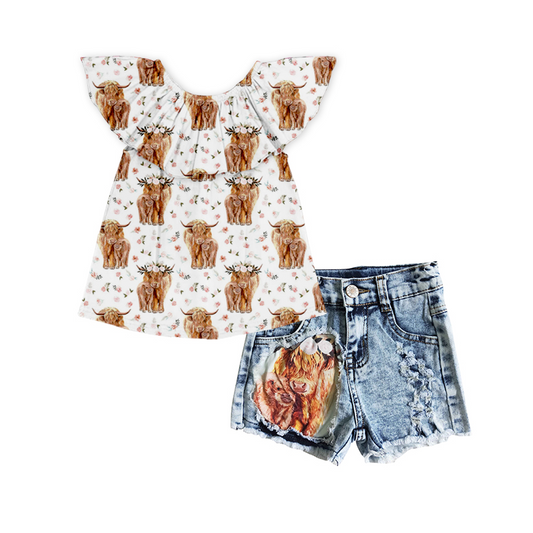 Baby Girls Cow Print Top Denim Shorts Clothes Sets