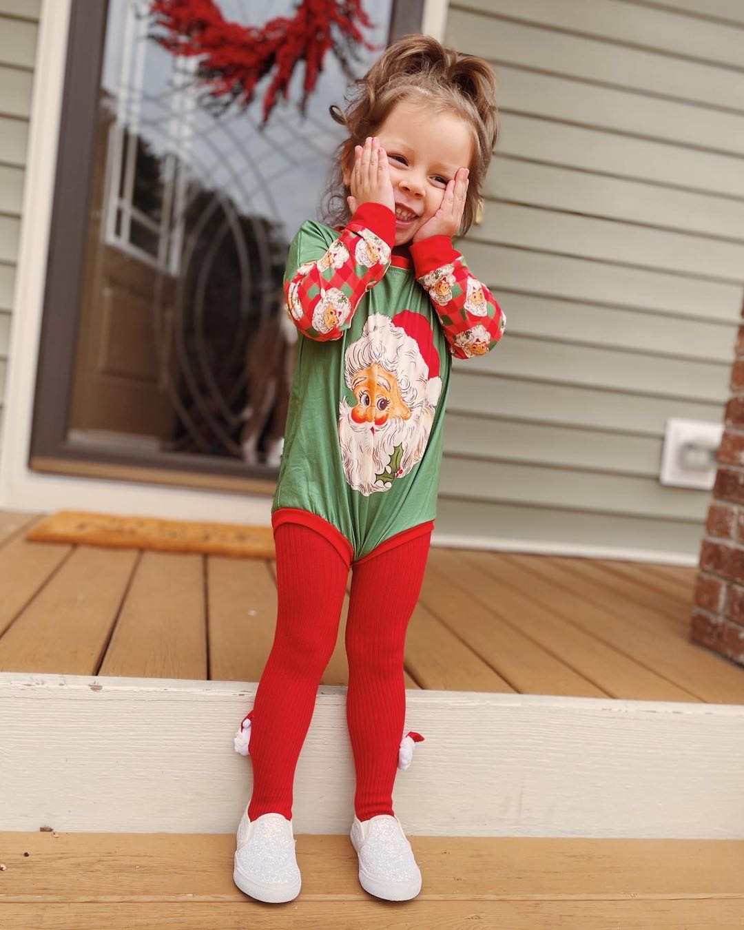 Baby girls Christmas green santa long sleeve rompers