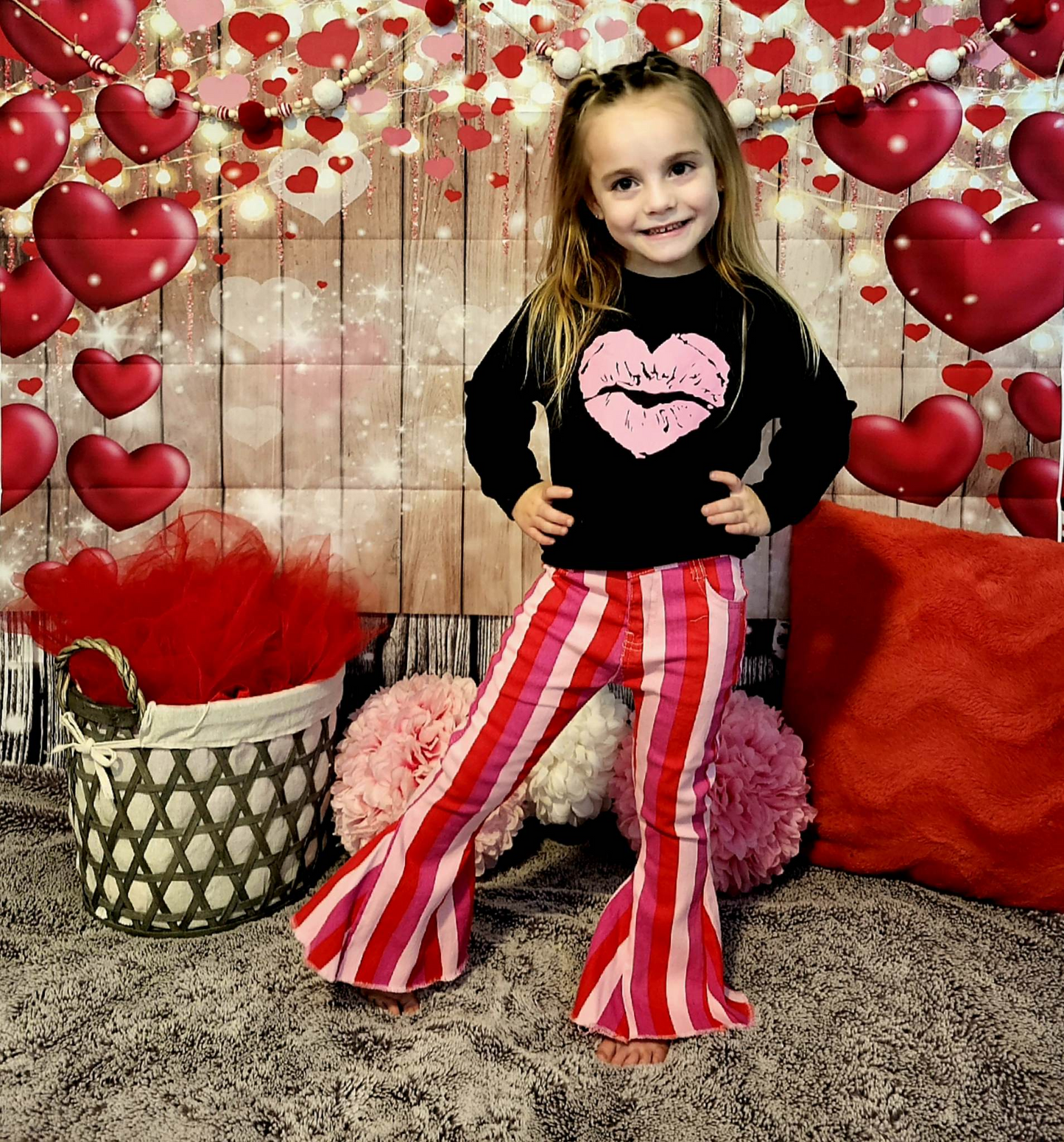Baby Girls Valentines Pink Stripe Bell Jeans Denim Pants