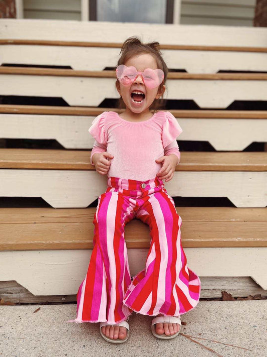 Baby Girls Pink Velvet Leotards Valentines Stripe Denim Pants Clothes Sets
