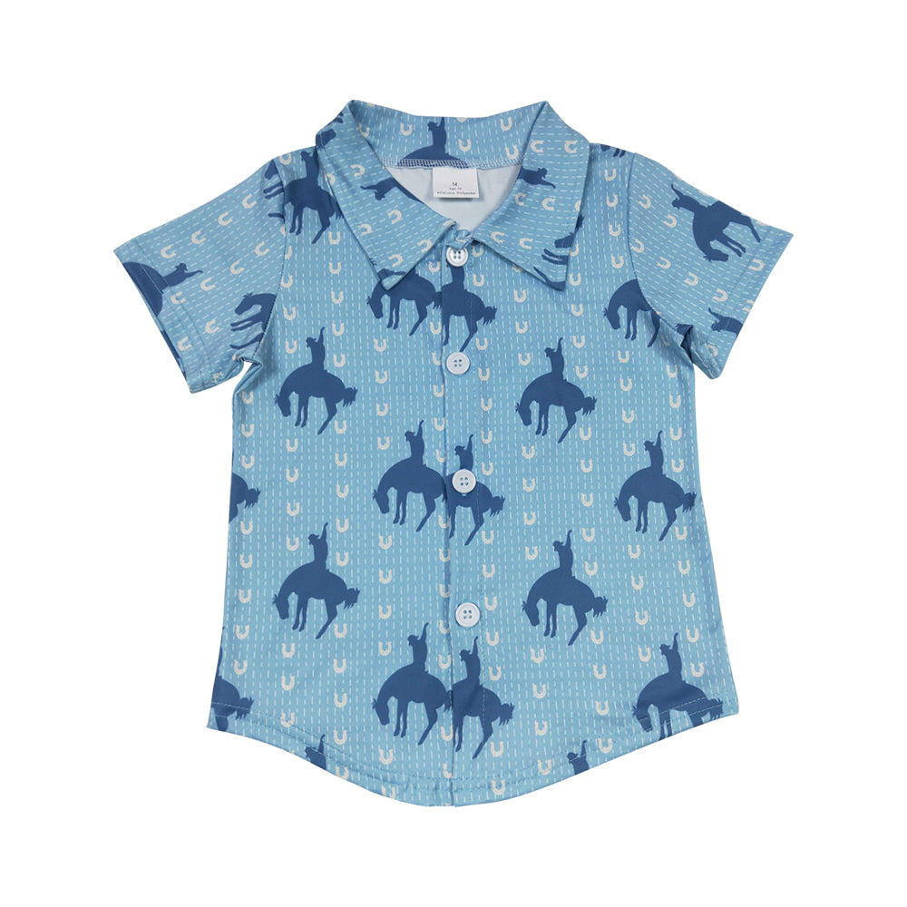 Baby Boys Western Blue Horse Short Sleeve Shirts Tops