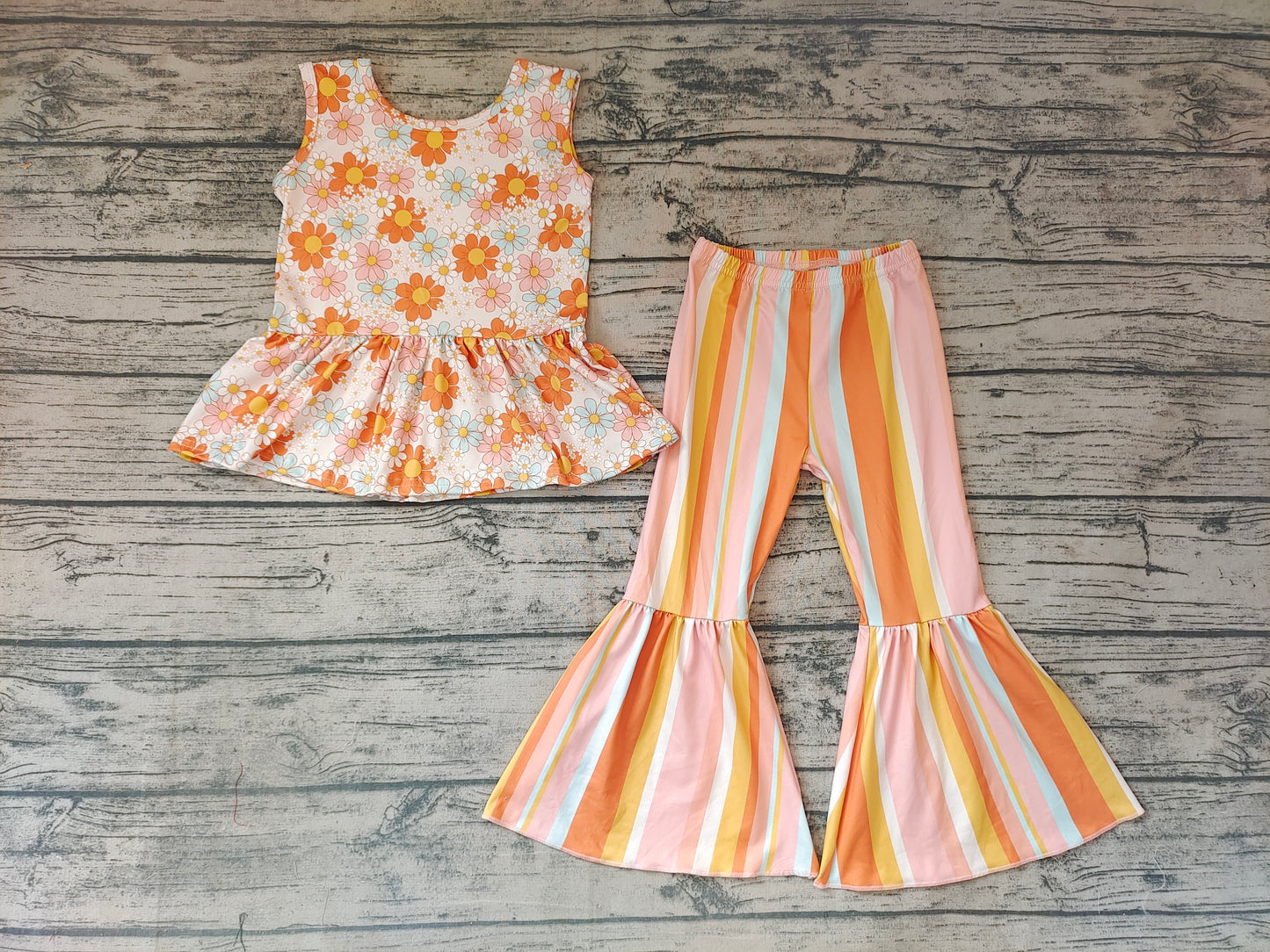 Baby Girls Sunflower Stripe Bell Pants Clothes Sets（can choose headband here）