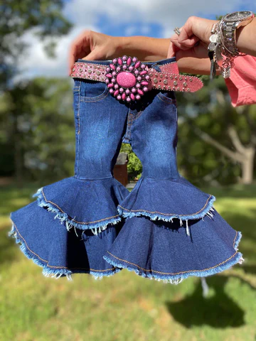 Baby girls navy blue bleached double ruffle denim pants jeans