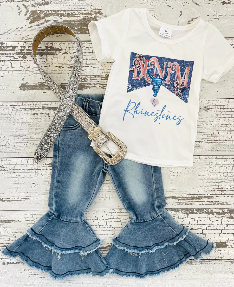 Baby Girls Rhinestone Shirt Navy Bell Denim Pants clothes sets(can choose belt here)