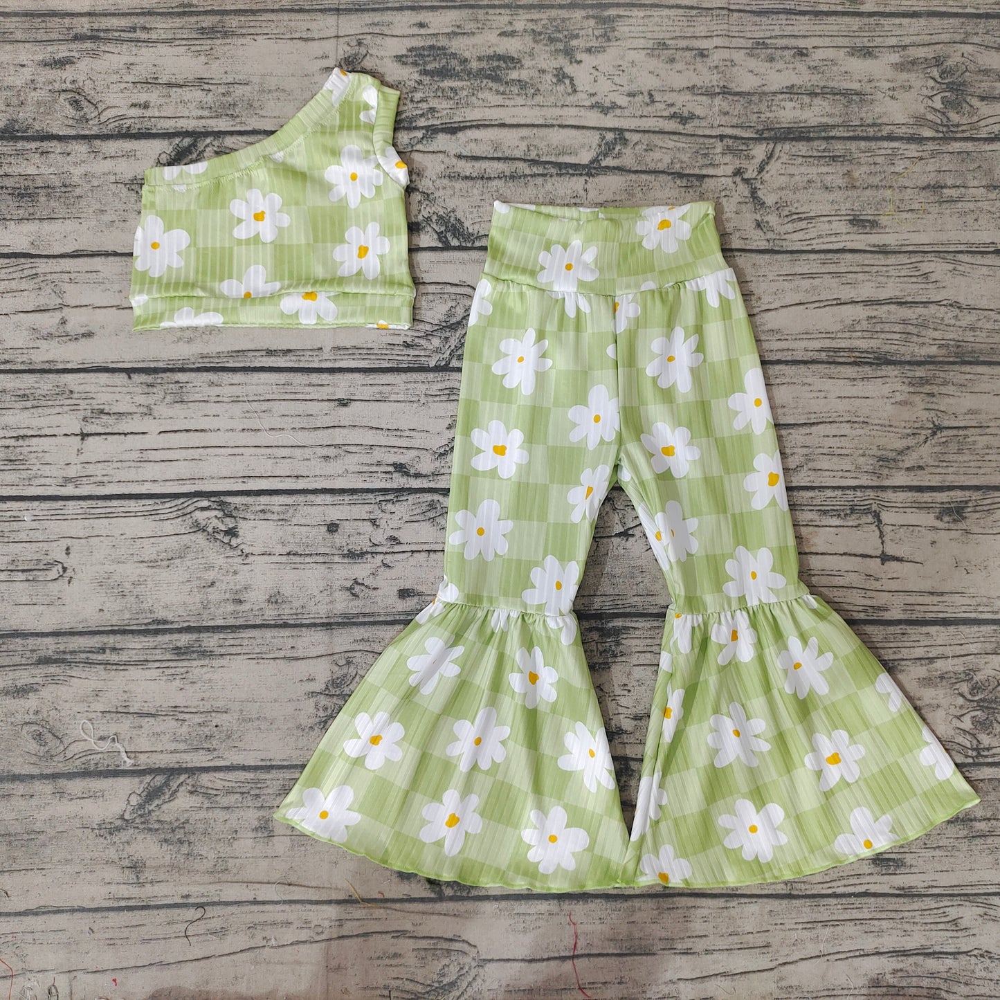 Baby Girls Green Flowers One Shoulder Top Bell Pants Outfits Clothes