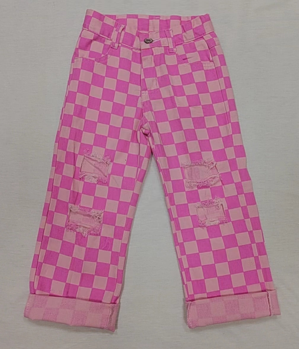 Baby Girls Pink Check Denim Cool Pants