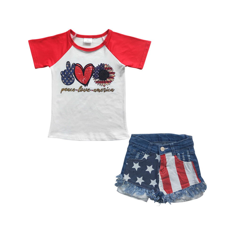 Baby Girls Red 4th Of July Shirts Star Denim Shorts clothes sets