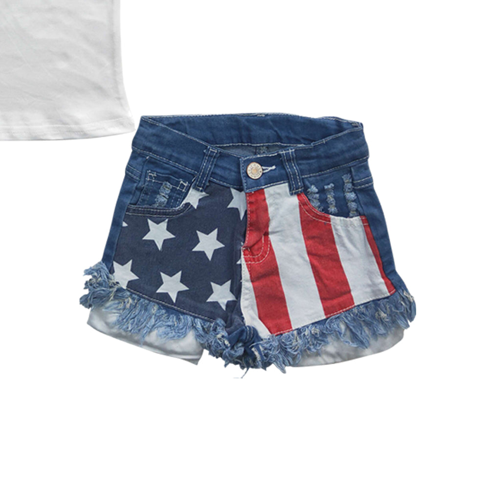 Baby Girls Red 4th Of July Shirts Star Denim Shorts clothes sets