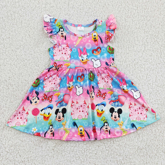 Baby girls cartoon pink flutter sleeve knee length dresses
