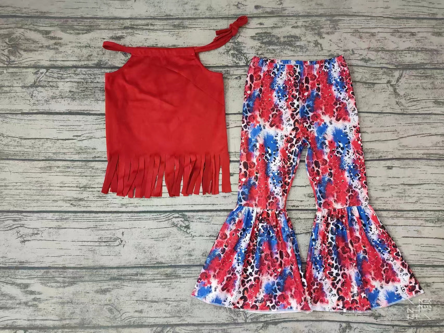 Baby Girls Red Tassel Tops 4th Of July Bell Bottom Pants Sets