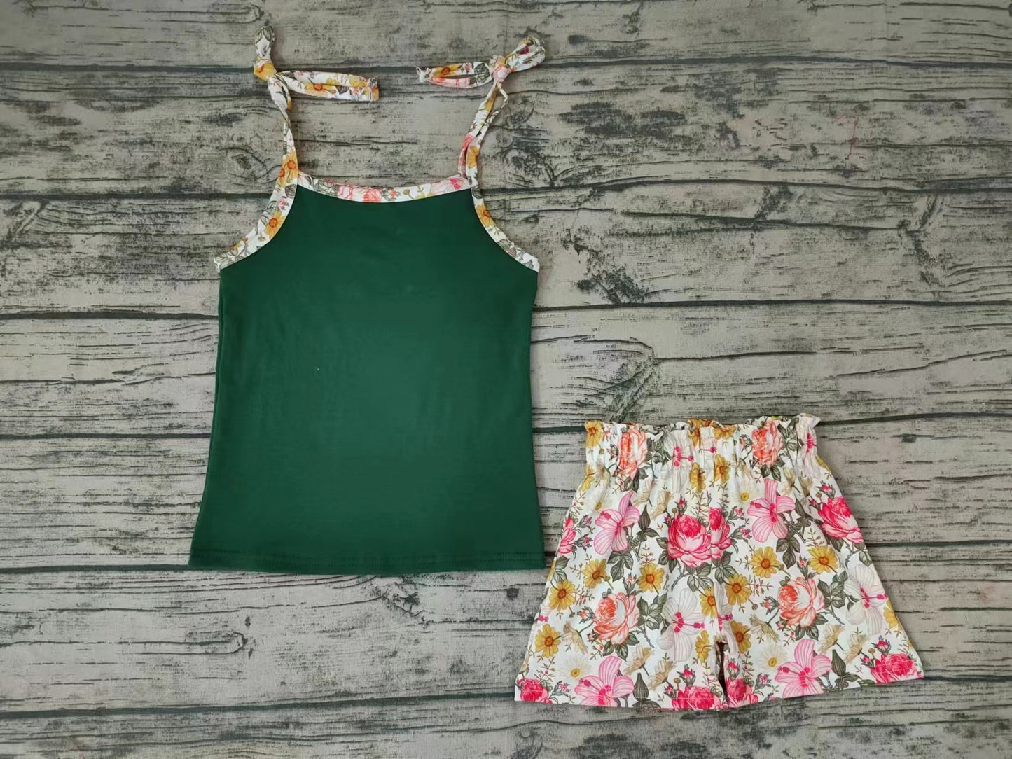 Baby Girls Green Straps Tops Floral Summer Shorts Sets