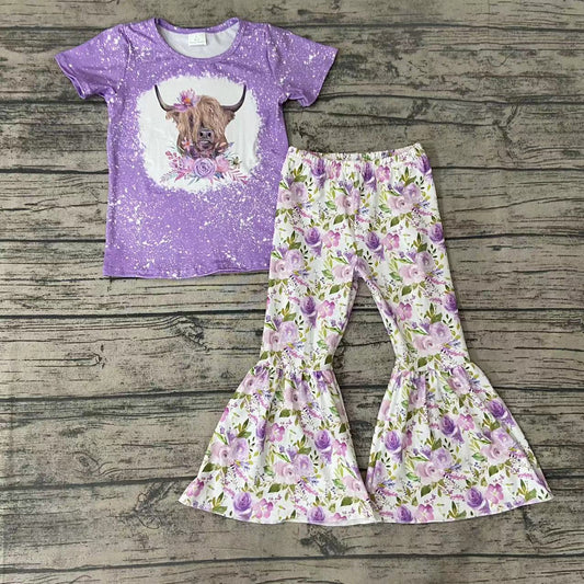 Baby Girls Purple Cow Flower Bell Pants Clothes Sets