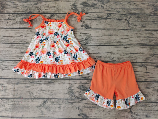 Baby Girls Orange Floral Summer Shorts Clothes Sets