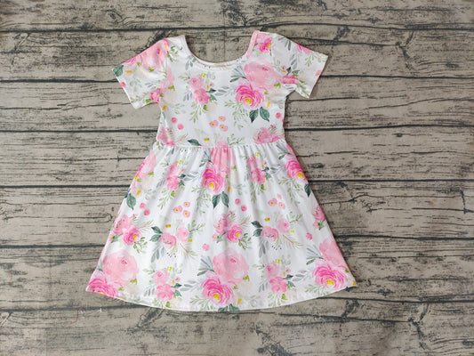 Baby Girls Pink Flowers Short Sleeve Knee Length Dresses