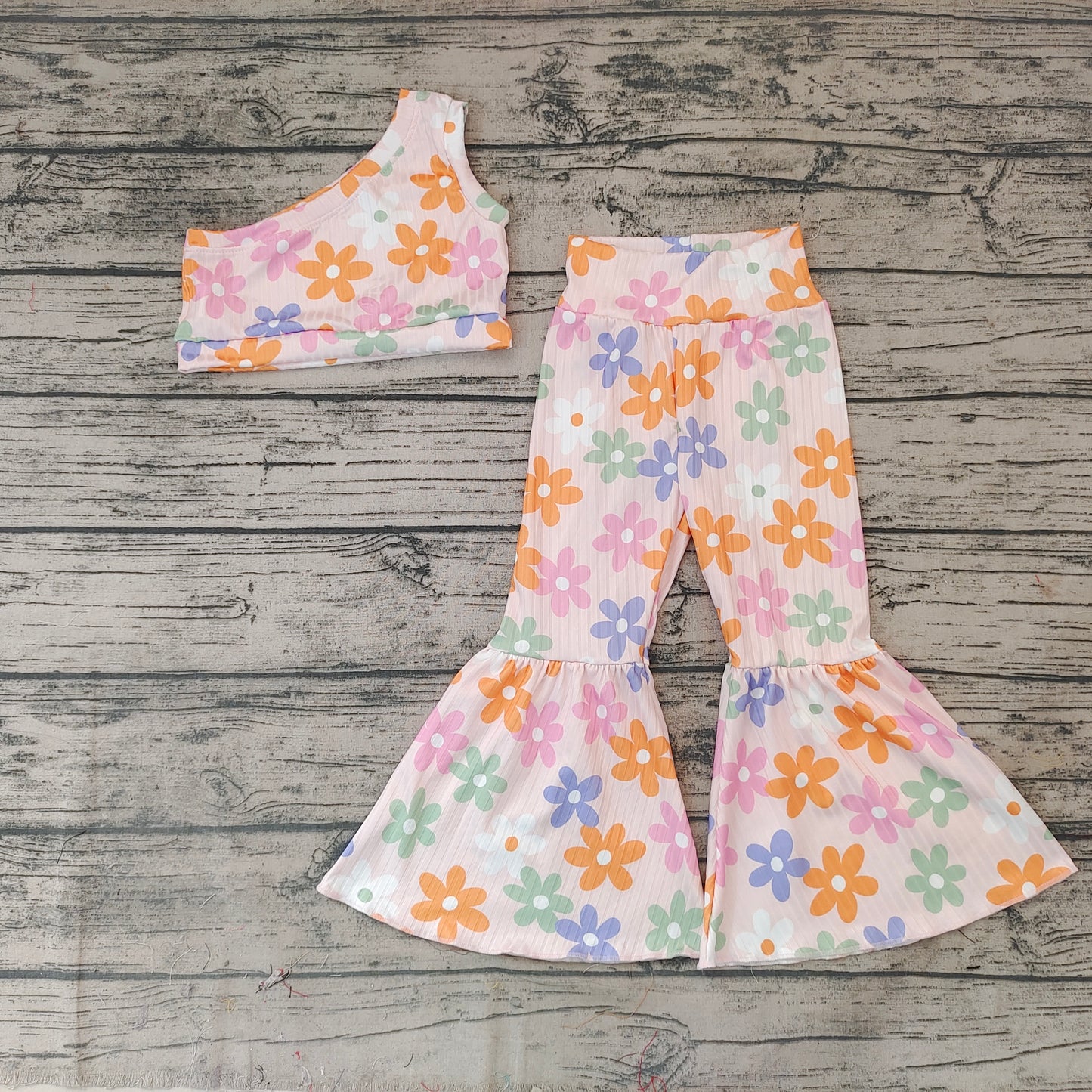 Baby Girls Colorful Flowers One Shoulder Top Bell Pants Outfits Clothes