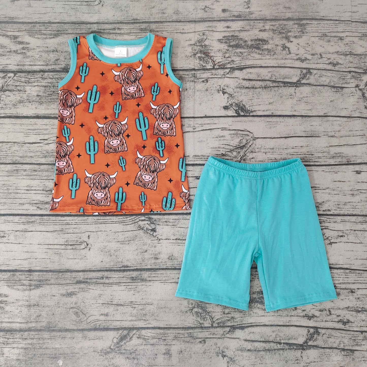 Baby Boys Western Highland Cow Sleeveless Tee Shirts Shorts Sets