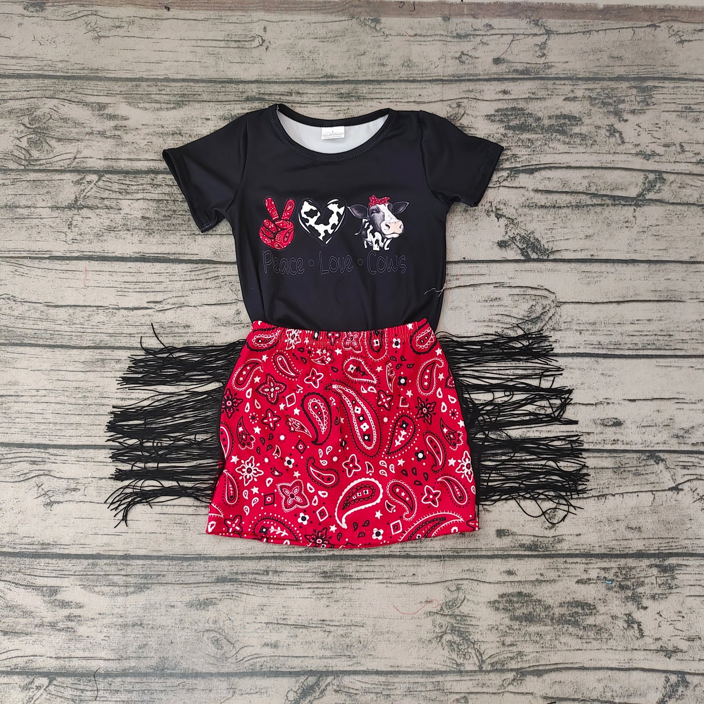 Baby Girls Peace Love Cows Tassel Skirts Clothes Sets