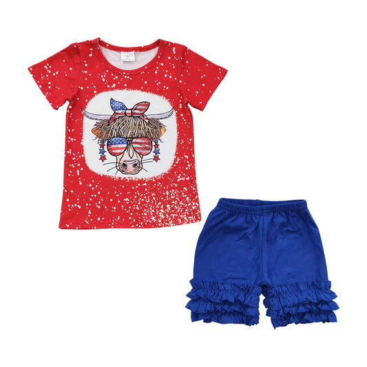 Baby Girls Western 4th Of July Cow Blue Icing Shorts Clothes Sets
