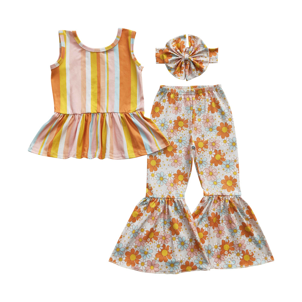 Baby Girls Stripe Sunflower Bell Pants Clothes Sets(can choose headband here)