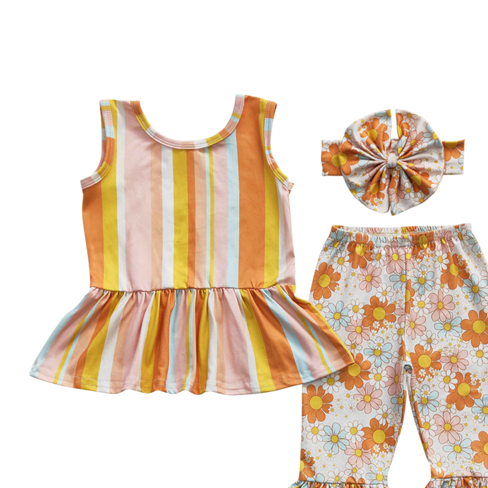 Baby Girls Stripe Sunflower Bell Pants Clothes Sets(can choose headband here)