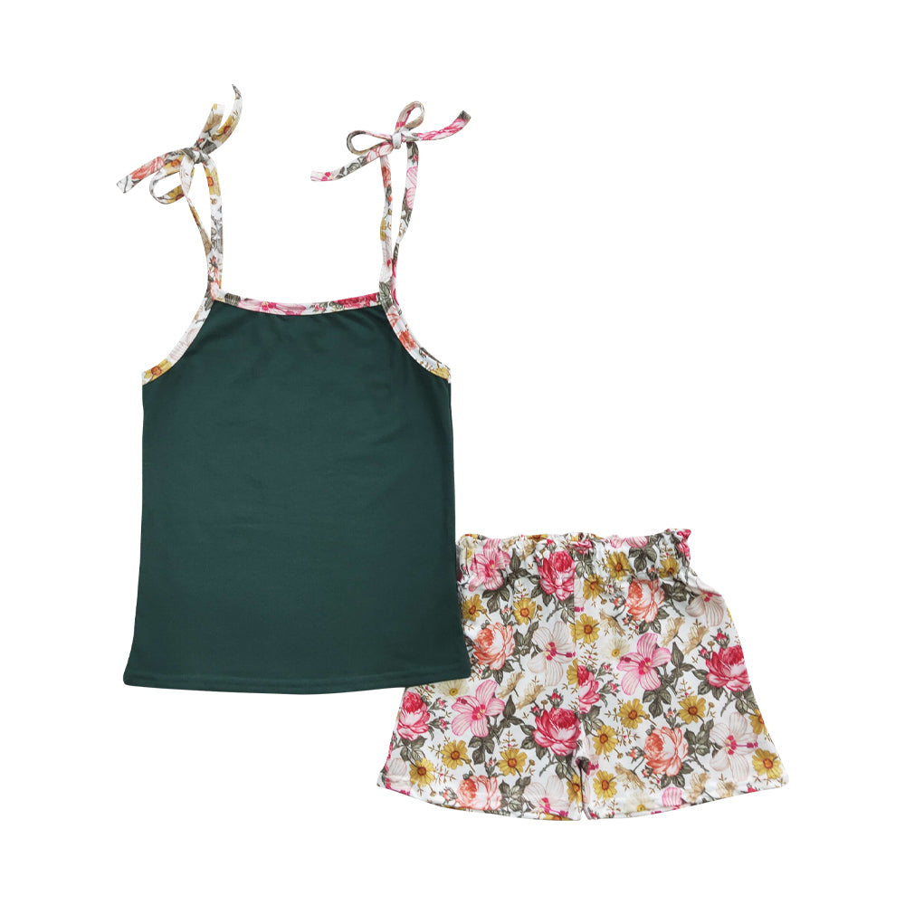 Baby Girls Green Straps Tops Floral Summer Shorts Sets