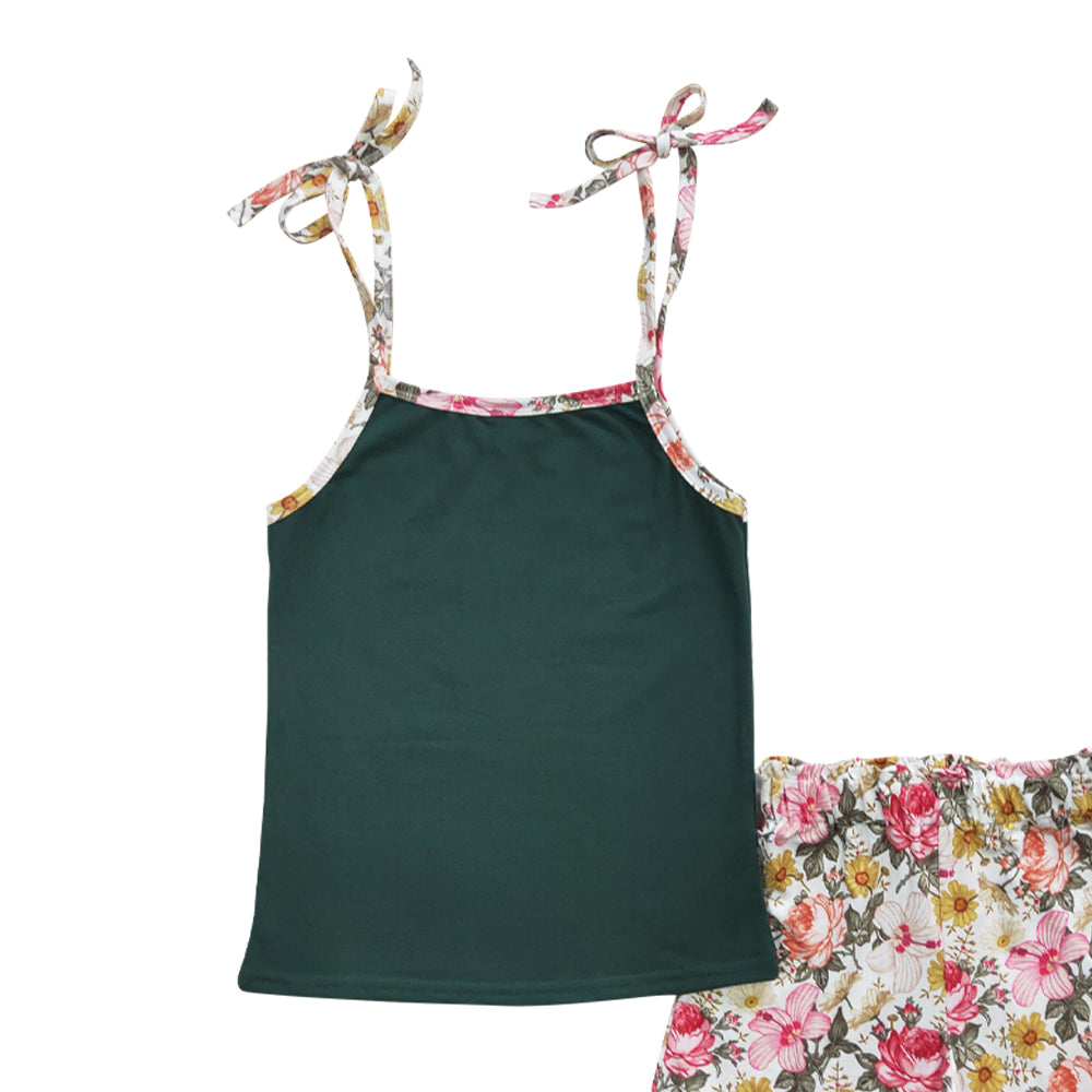 Baby Girls Green Straps Tops Floral Summer Shorts Sets