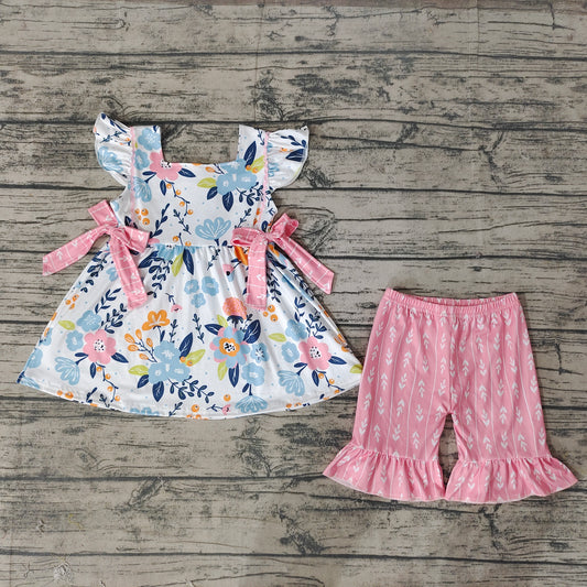 Baby Girls Summer Flowers Bows Tunic Ruffle Shorts Clothes
