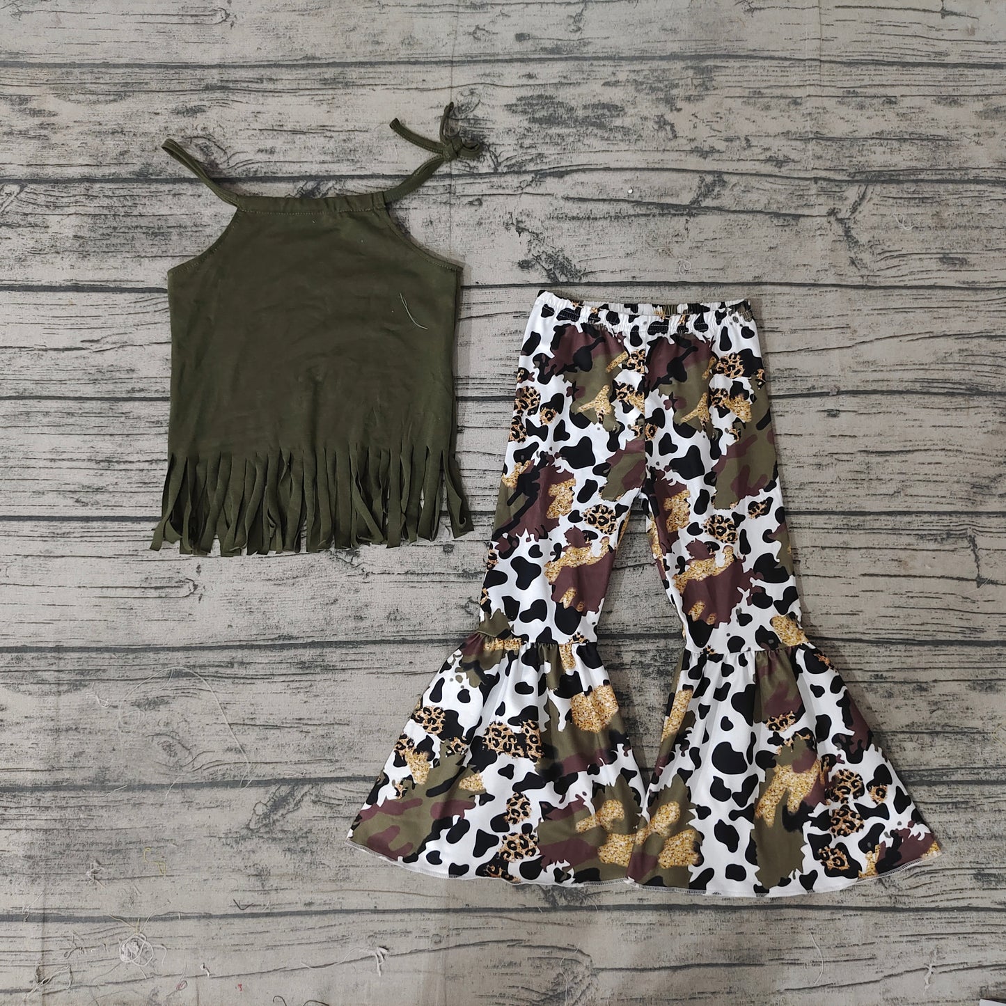 Baby Girls Green Tassel Top Camo Leopard Bell Pants Clothes Sets