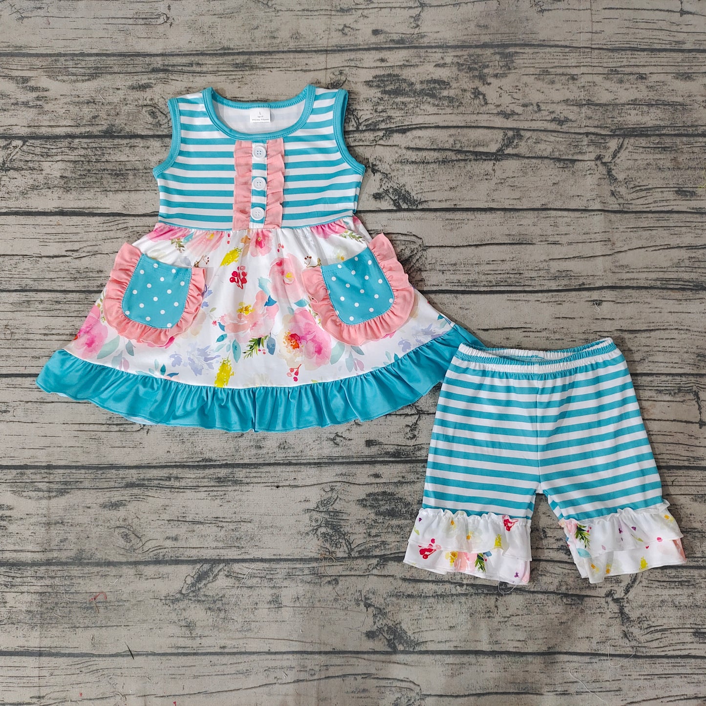 Baby Girls Summer Blue Stripe Flowers Tunic Ruffle Shorts Clothes