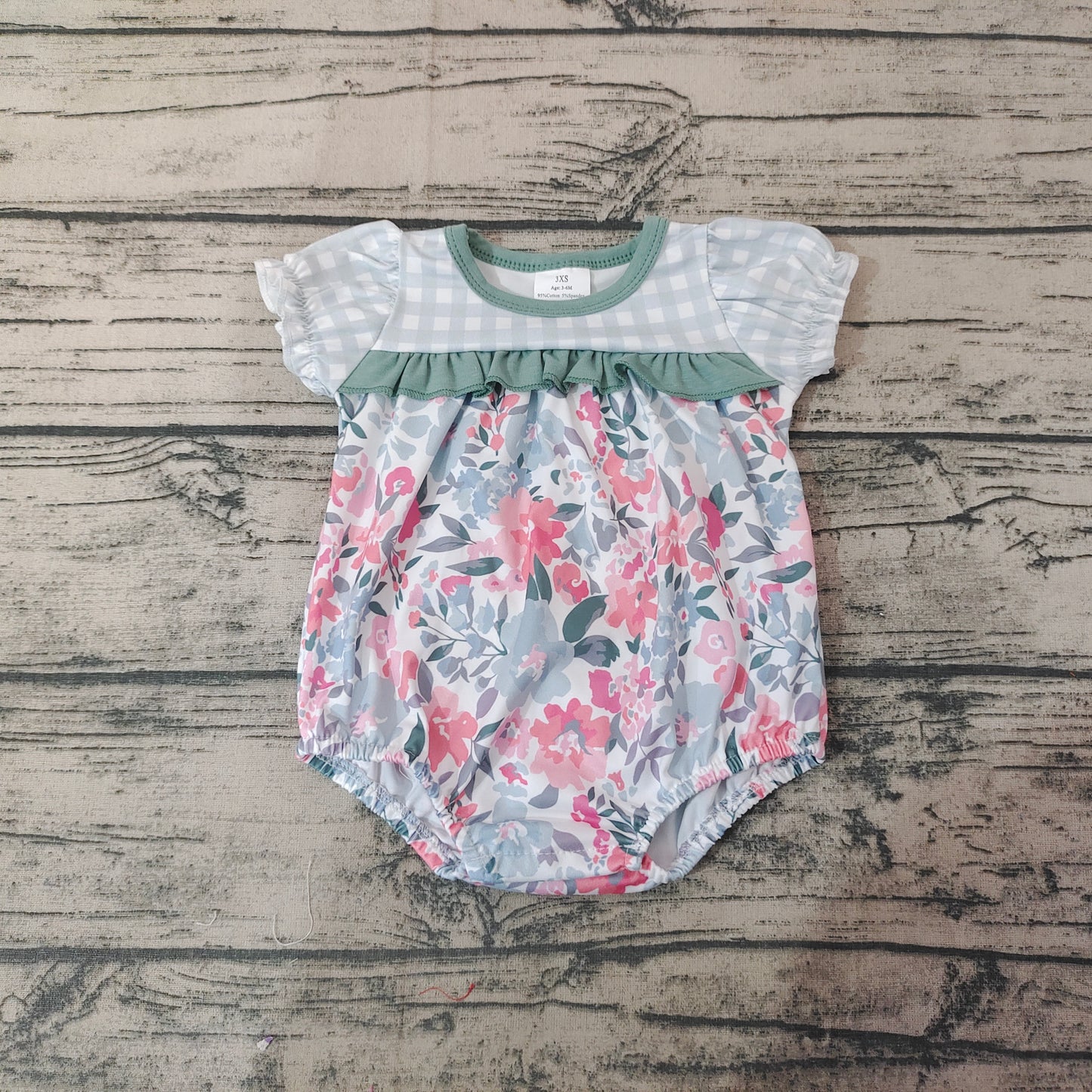 Baby Girls Green Floral Plaid Short Sleeve Summer rompers