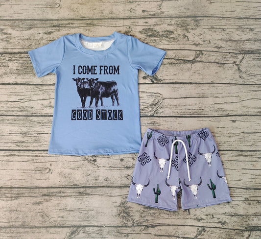 Baby Boys Blue Cactus Western Cow Shorts Sets