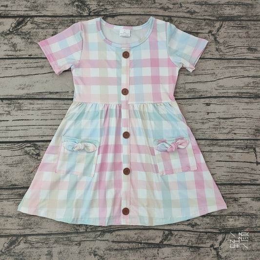 Baby Girls Pink Plaid Short Sleeve Pocket Knee Length Dresses