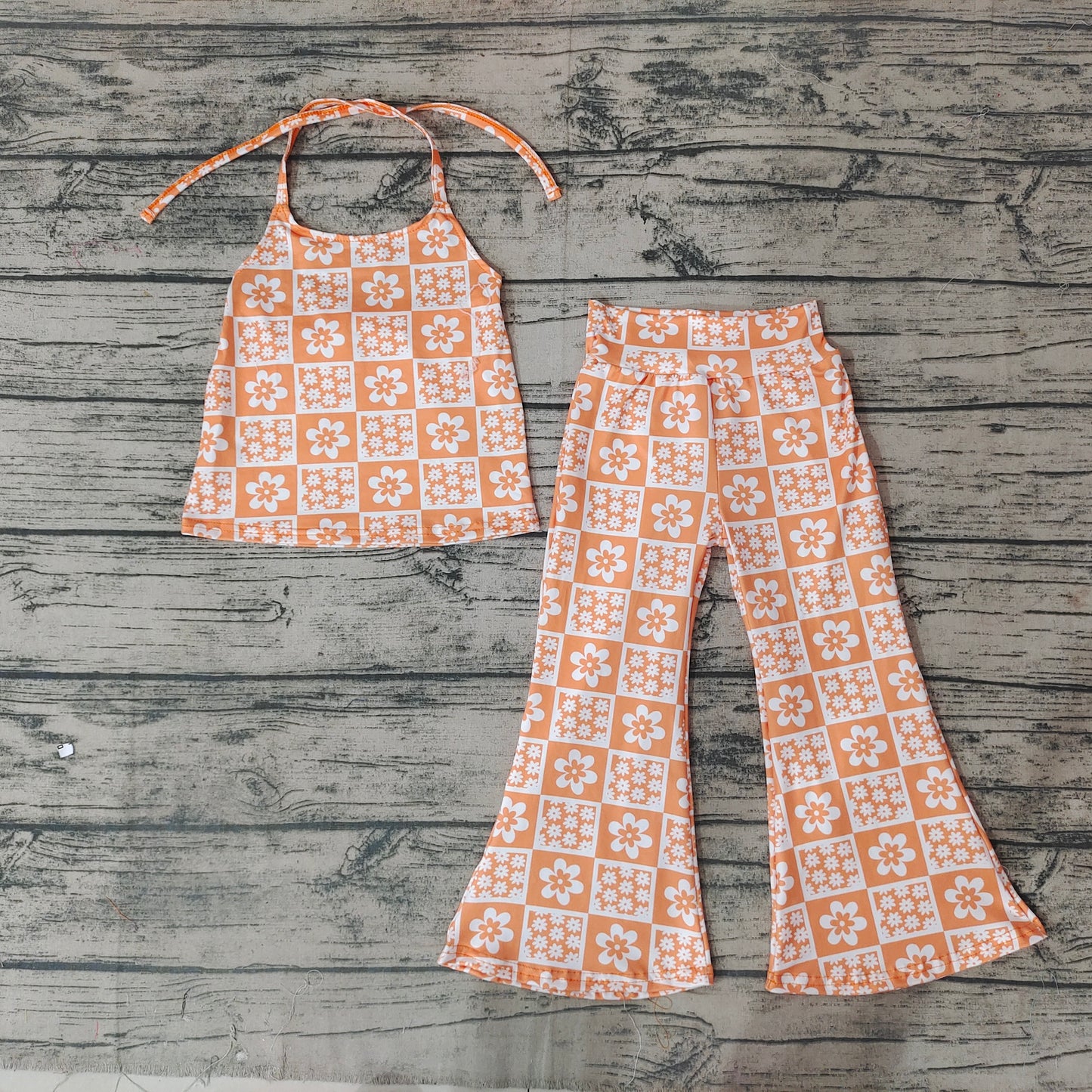 Baby Girls Orange Flowers Halter Strap Top Bell Bottom Pants Clothes Sets