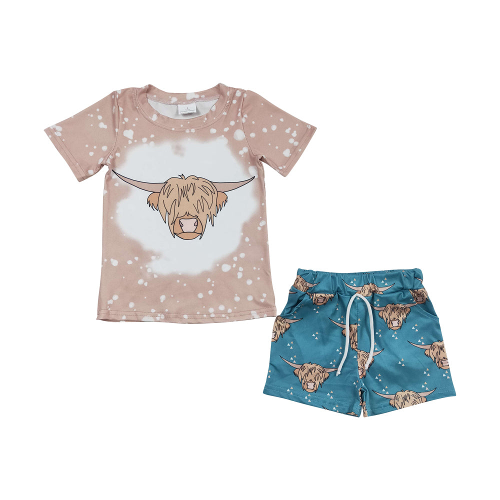 Baby Boys Khaki Highland Cow Summer Shorts Sets