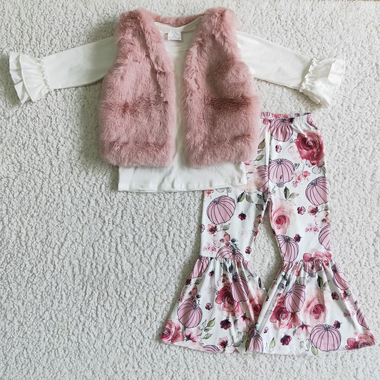 baby girls white shirt floral pumpkin fur vest 3pcs pants sets