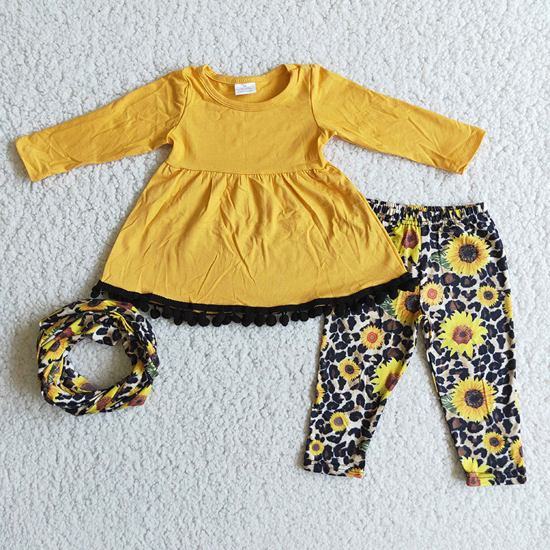 Baby Girls sunflower pom pom scarf 3pcs sets