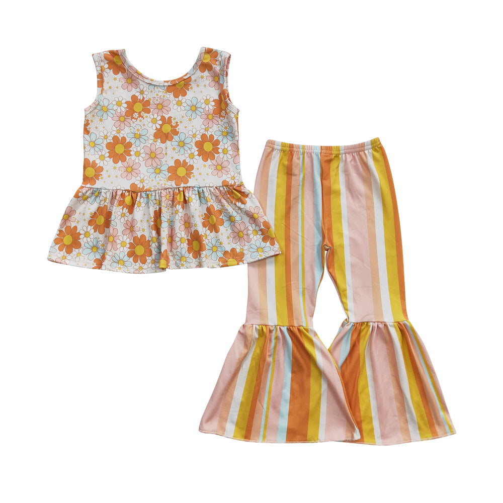 Baby Girls Sunflower Stripe Bell Pants Clothes Sets（can choose headband here）