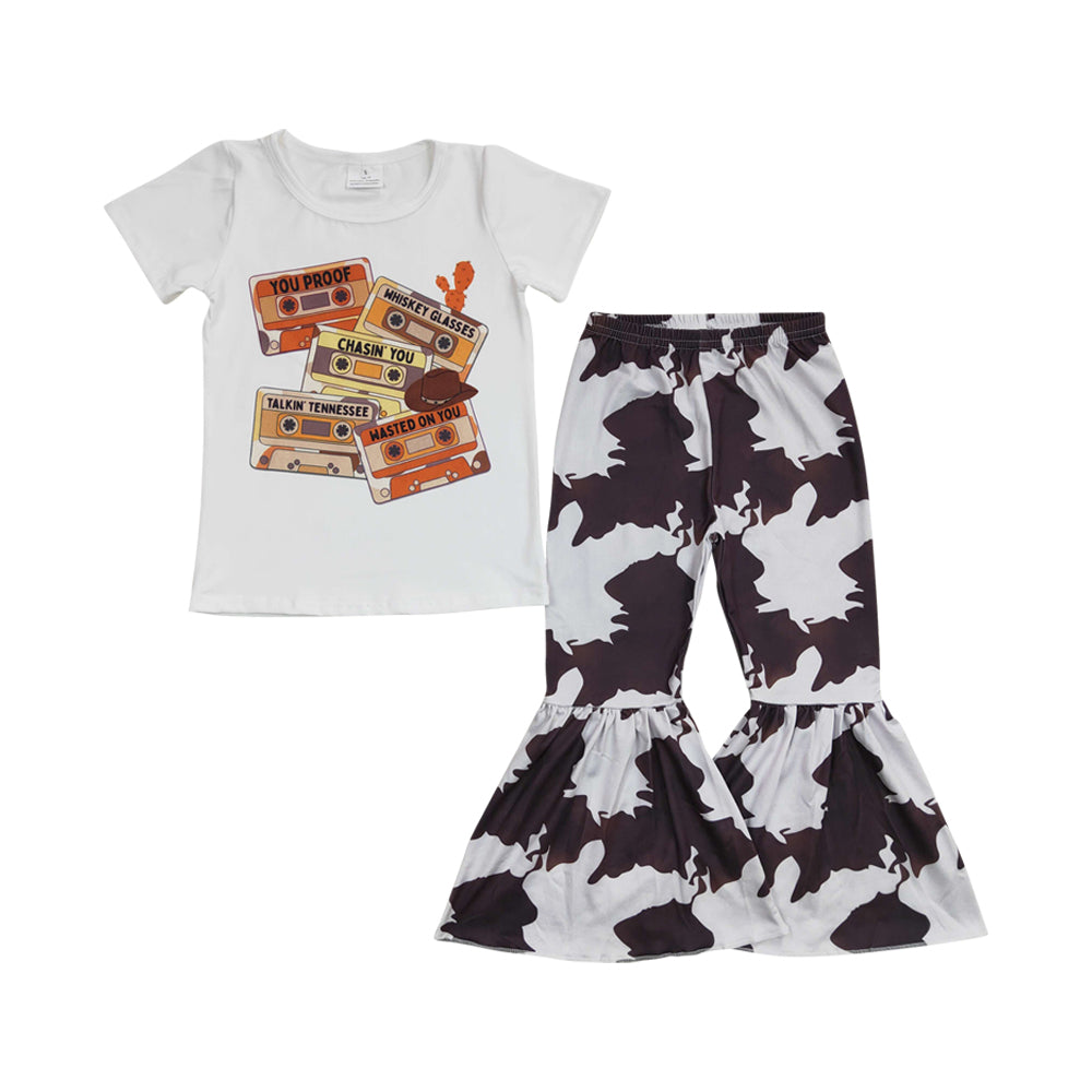 Baby Girls Tape Tee Shirts Cowprint Bell Bottom Pants Clothes Sets