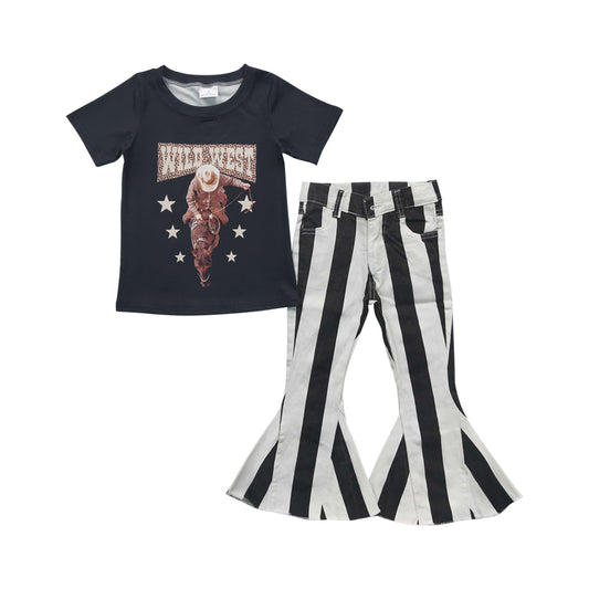 Baby Girls Wild West Black Stripe Bell Denim Pants Clothes Sets