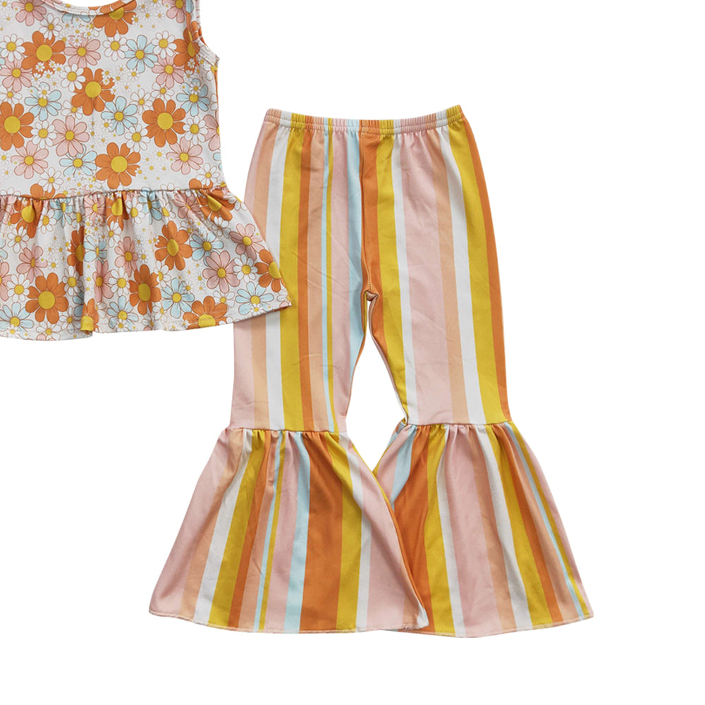 Baby Girls Sunflower Stripe Bell Pants Clothes Sets（can choose headband here）