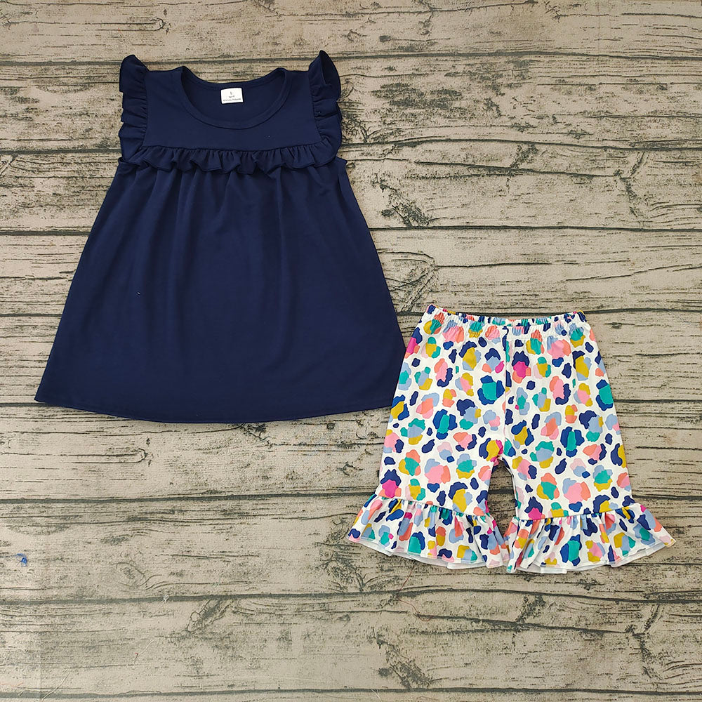 Baby Girls Navy Tunic Colorful Leopard Shorts Sets