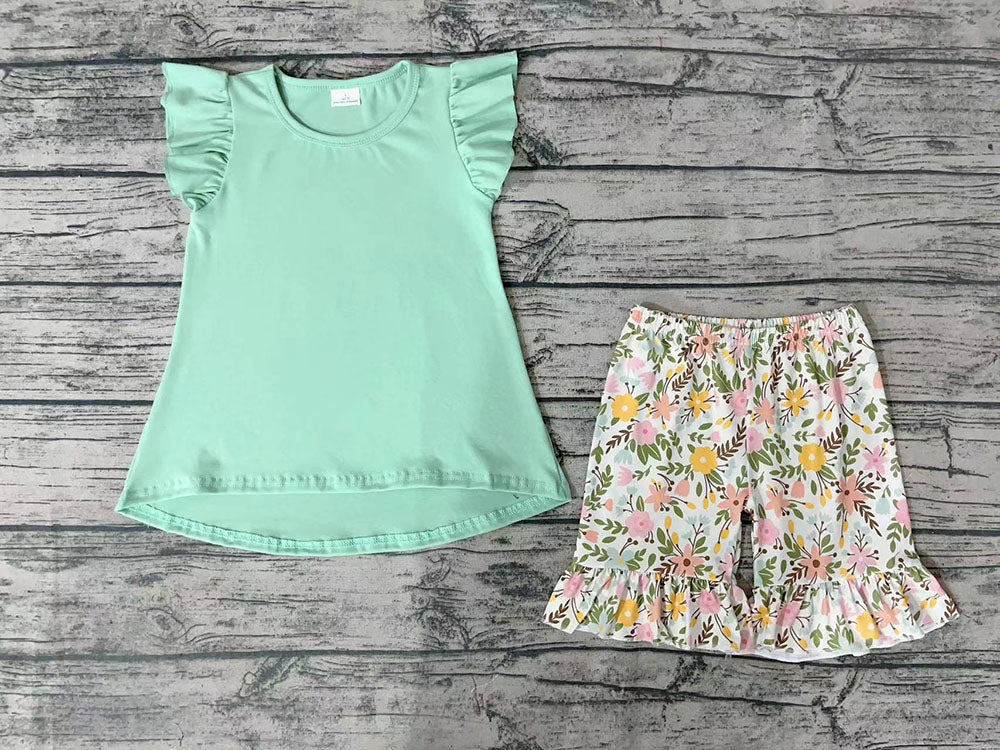 Baby Girls Green Tunic Leaves Ruffle Shorts Sets