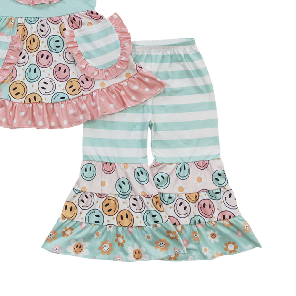 Baby Girls Face Tunic Patchwork Bell Bottom Pants Clothes Sets