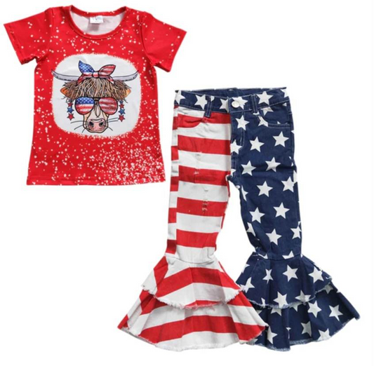 Baby Girls 4th Of July Cow Star Denim Bell Pants Clothes Sets