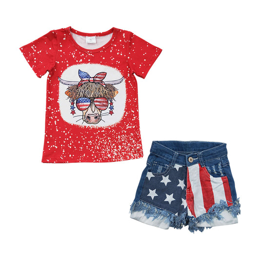 Baby Girls Western 4th Of July Cow Denim Star Shorts Clothes Sets