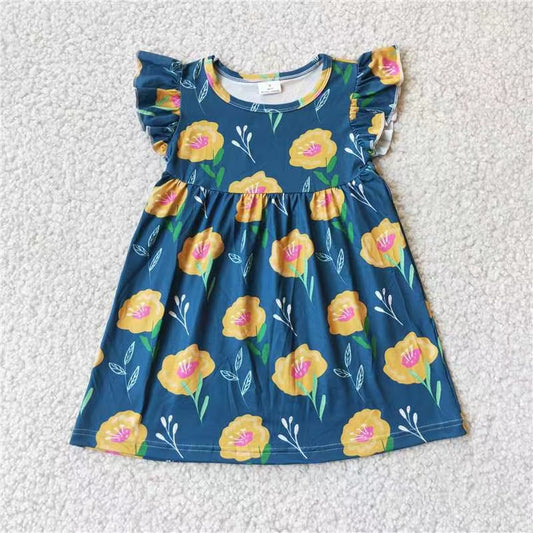 Baby girls navy yellow flower pearl dresses