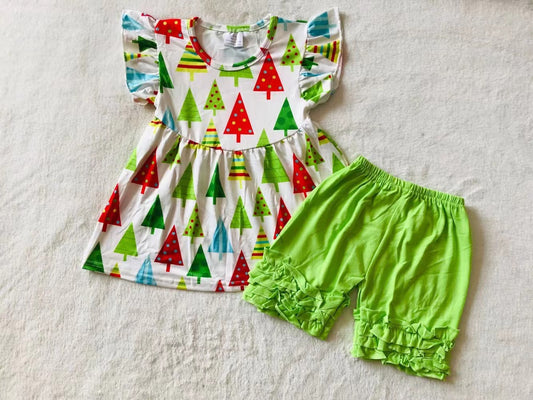 Baby Girls Christmas tree ruffle shorts summer sets