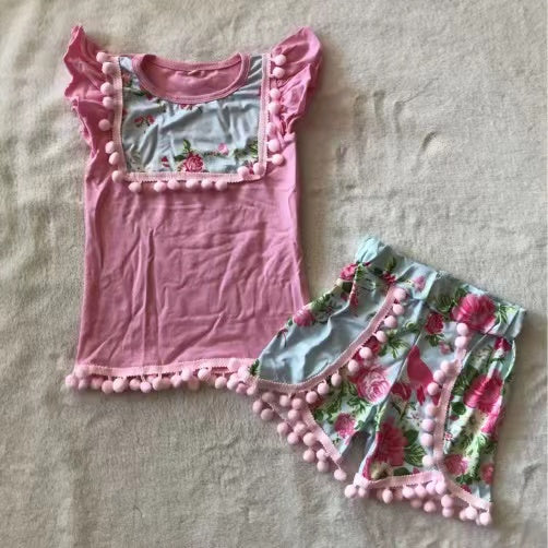 Baby girls pink floral pom pom shorts sets